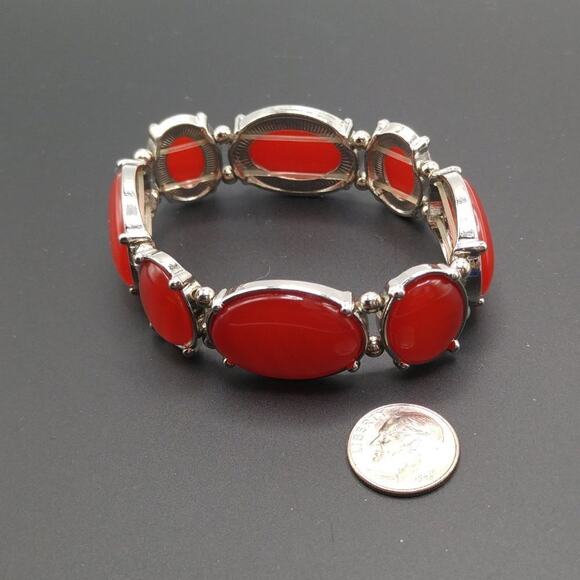 Red Lucite Cabochon Stretch Bracelet, Silver Tone, 7 Inches - Picture 7 of 9